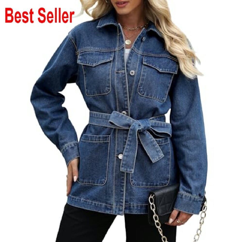 Oversized Denim Jacket Mid Long Classic Chic Trendy With Belt Pockets - Picture 2 of 7